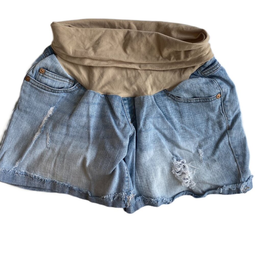 Denim Maternity Short Light Wash Belly Panel Waist Raw Cut Hem Cuffed, Medium